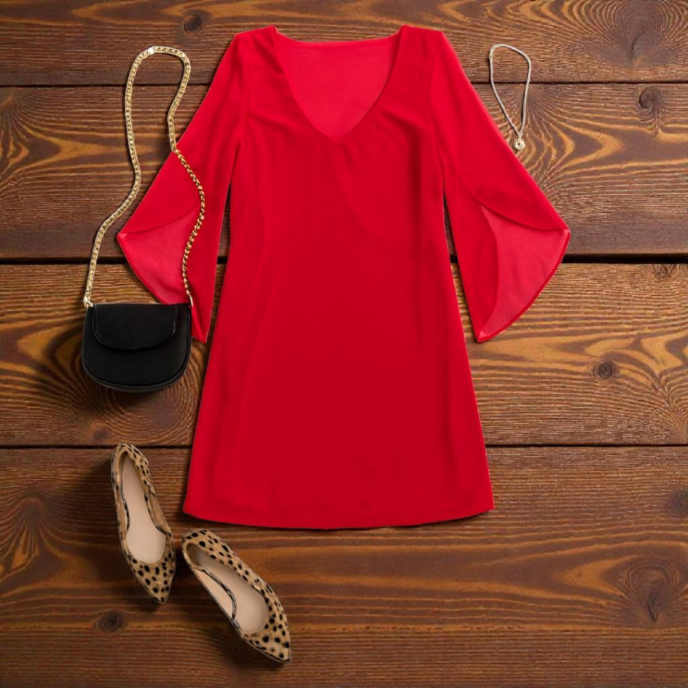 Red Sheer Sleeve V Neck Keyhole Shift Dress A. Byer M